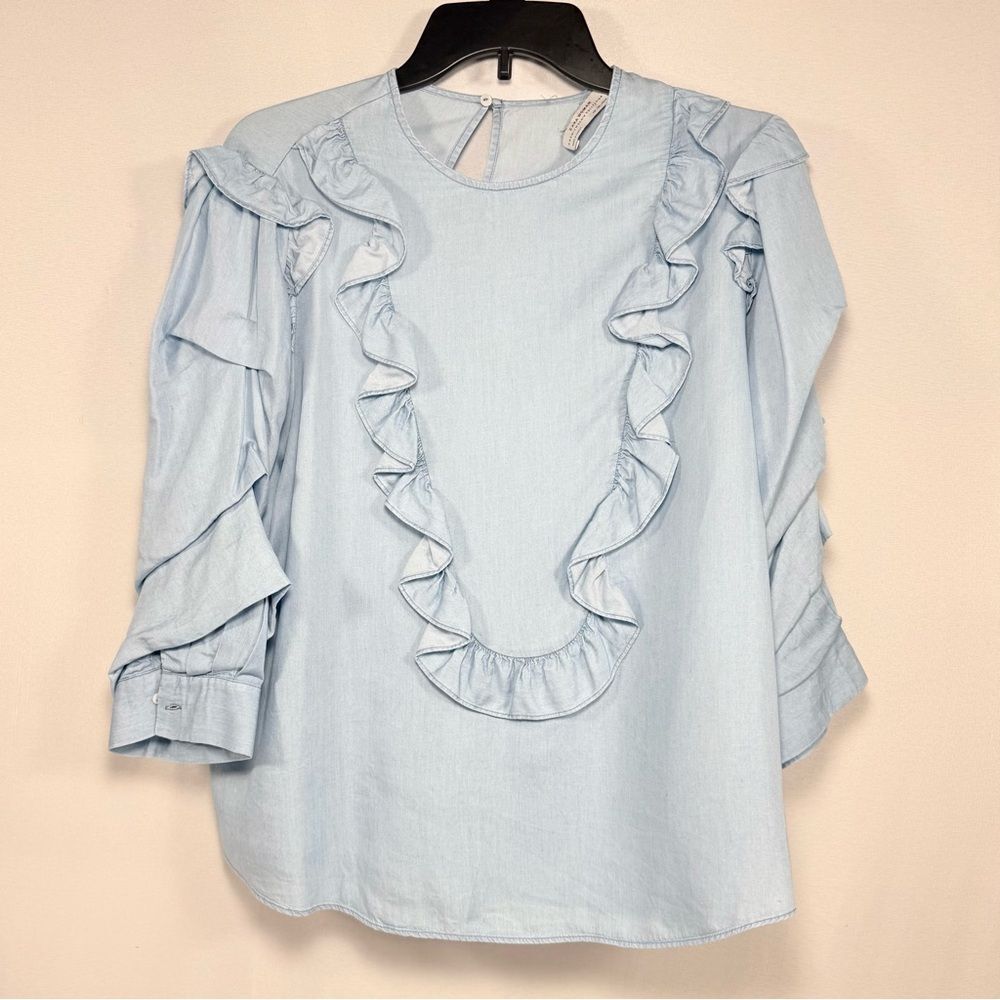 Light Blue Chambray Ruffle Denim Blouse Zara Cottagecore Boho Top Size L Large - Picture 2 of 7